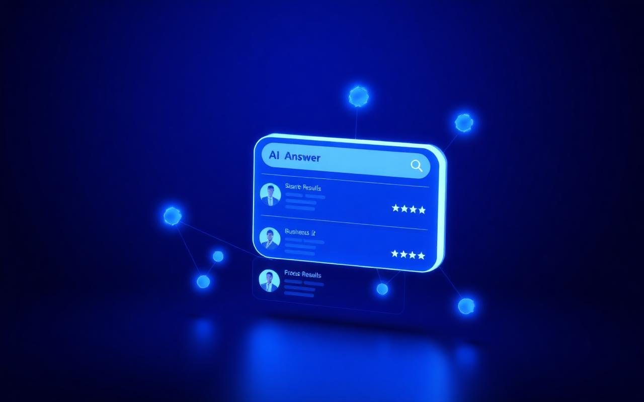 Illustration of an AI assistant selecting one business among search results